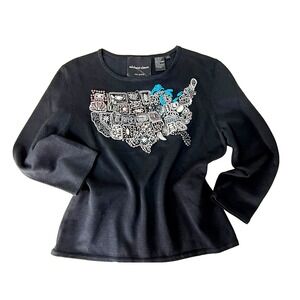 Michael Simon Vintage 2001 Collectable Beaded USA Map Black Spun Silk Top SZ S